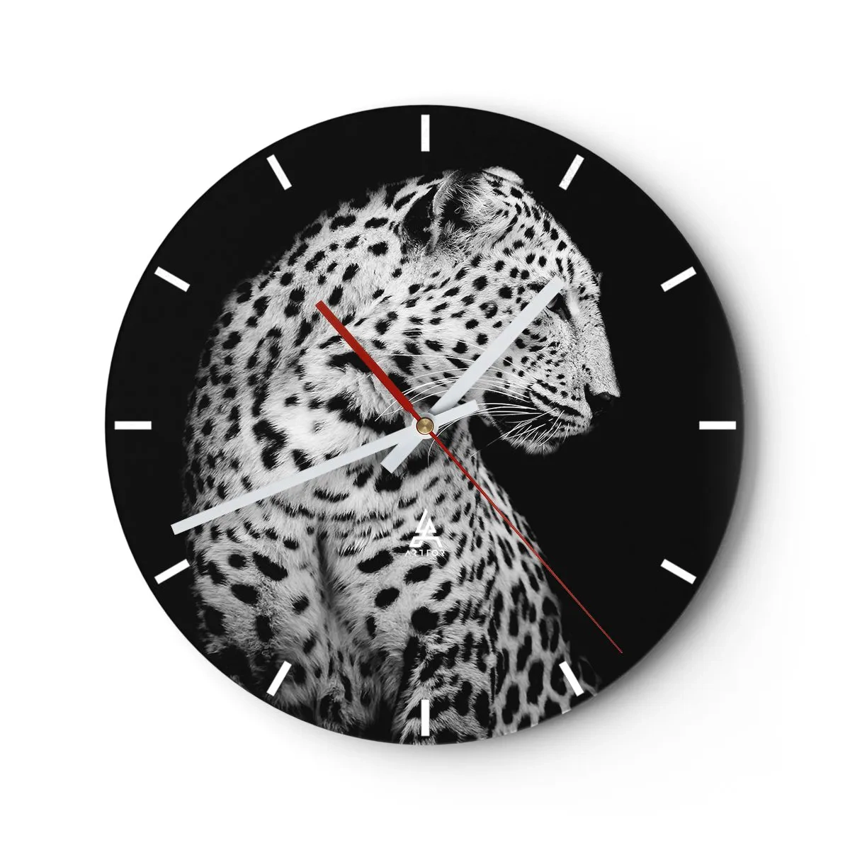 Reloj de pared - Reloj de vidrio - Retrato en blanco y negro de un leopardo sobre un fondo negro. - 30x30cm - El perfil derecho es perfecto - Decoración de pared moderna para salón, cocina y dormitorio ARTTOR