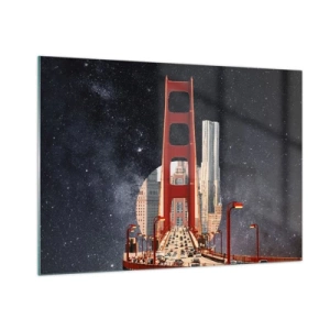 Cuadro sobre vidrio - Impresiones sobre Vidrio - Puente y rascacielos sobre un fondo de galaxia surrealista - 100x70cm - Siempre en el centro - Decoración de pared moderna para salón y dormitorio ARTTOR
