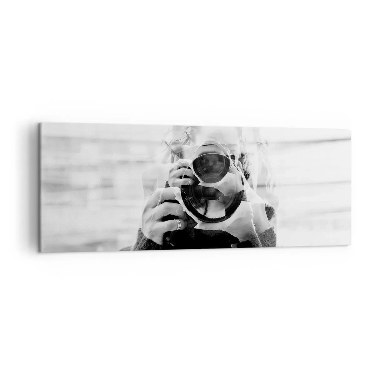 Cuadro sobre lienzo - Impresión de Imagen - Retrato de doble exposición en blanco y negro de un fotógrafo. - 140x50cm - Creador y creación - Decoración de pared moderna para salón y dormitorio ARTTOR