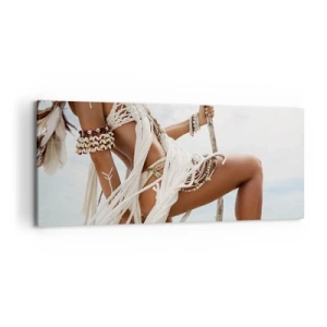 Cuadro sobre lienzo - Impresión de Imagen - Figura de una mujer con adornos y ropa étnica con el telón de fondo de un paisaje tropical. - 120x50cm - Sacerdotisa del sol - Decoración de pared moderna para salón y dormitorio ARTTOR