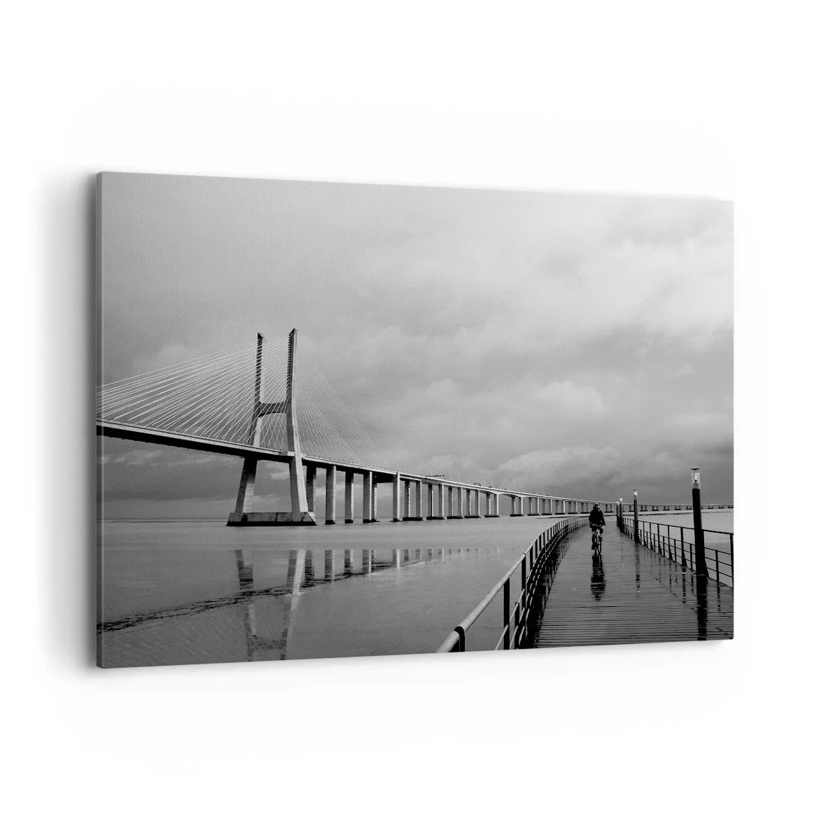 Cuadro sobre lienzo - Impresión de Imagen - Un puente colgante sobre el agua en blanco y negro. - 100x70cm - A cada uno lo suyo - Decoración de pared moderna para salón y dormitorio ARTTOR