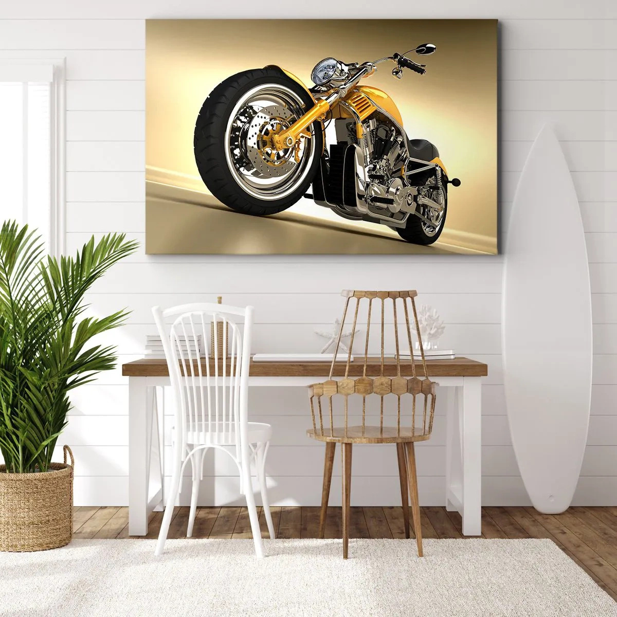 Cuadro sobre lienzo - Impresión de Imagen - Una motocicleta estilo chopper amarilla contra una pared beige - 70x50cm - Un sueño de fuerza y velocidad - Decoración de pared moderna para salón y dormitorio ARTTOR