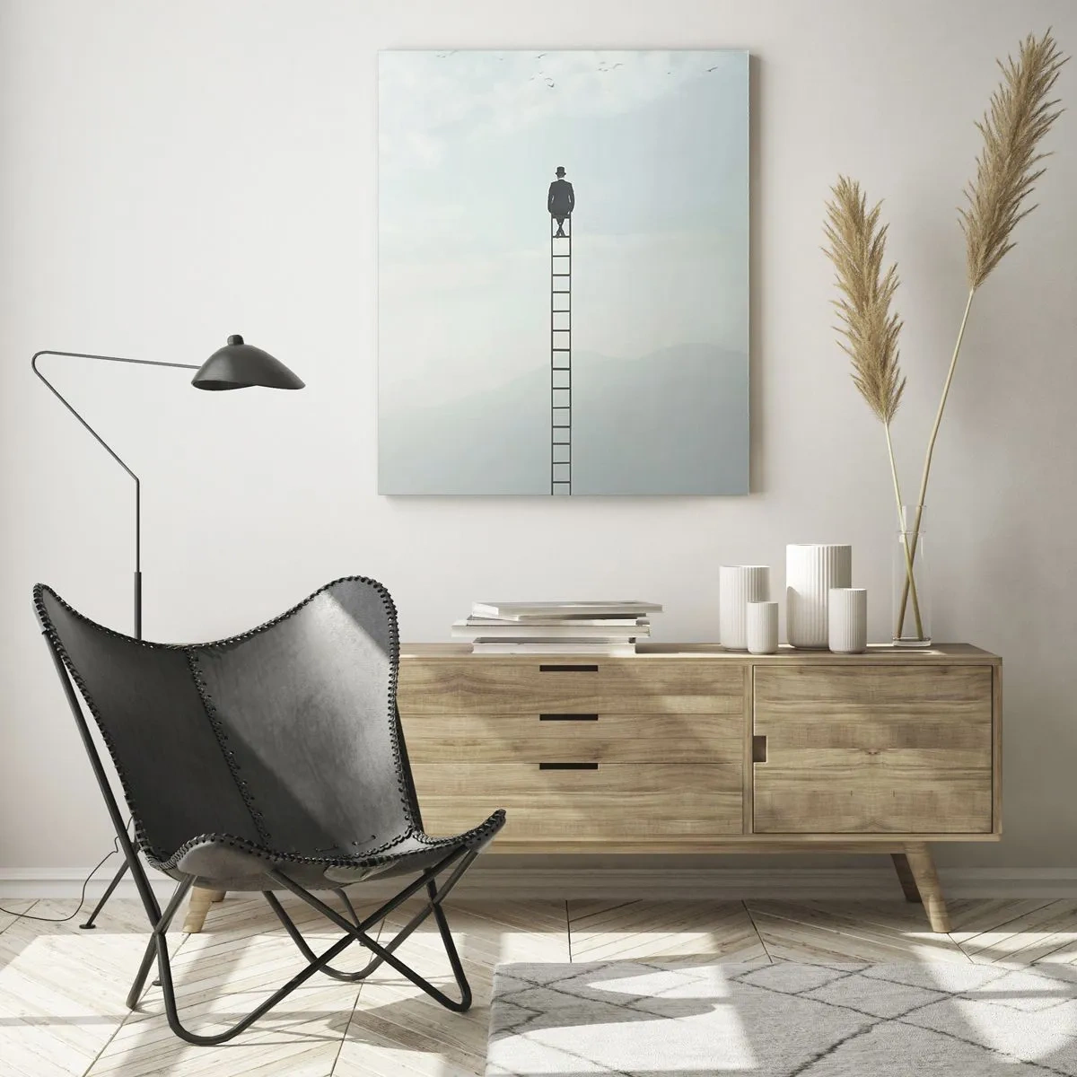 Cuadro sobre vidrio - Impresiones sobre Vidrio - Silueta de un hombre en lo alto de una escalera en las nubes - 50x70cm - Hacia lo más alto - Decoración de pared moderna para salón y dormitorio ARTTOR