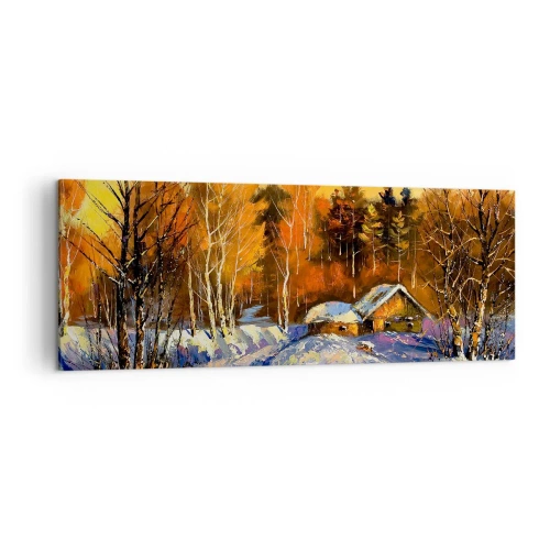 Cuadro sobre lienzo - Impresión de Imagen - Paisaje invernal con una casa a la luz del sol poniente. - 140x50cm - Una impresión invernal al sol - Decoración de pared moderna para salón y dormitorio ARTTOR