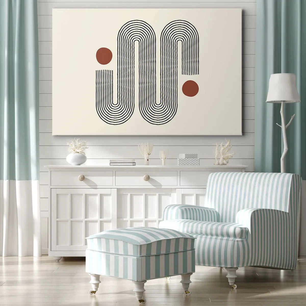 Cuadro sobre lienzo - Impresión de Imagen - Patrón geométrico con líneas y círculos naranjas. - 70x50cm - De principio a fin - Decoración de pared moderna para salón y dormitorio ARTTOR