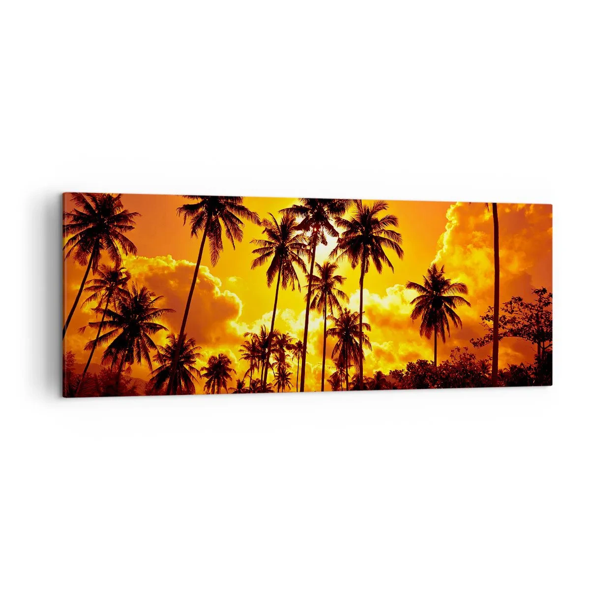 Cuadro sobre lienzo - Impresión de Imagen - Palmeras contra un cielo dorado durante una puesta de sol tropical - 140x50cm - Las montañas arden, los bosques arden - Decoración de pared moderna para salón y dormitorio ARTTOR