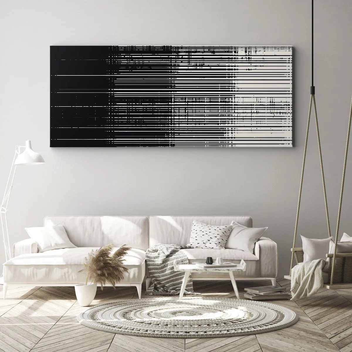 Cuadro sobre lienzo - Impresión de Imagen - Composición abstracta de líneas en blanco y negro contrastantes. - 160x50cm - Ondas y vibraciones - Decoración de pared moderna para salón y dormitorio ARTTOR