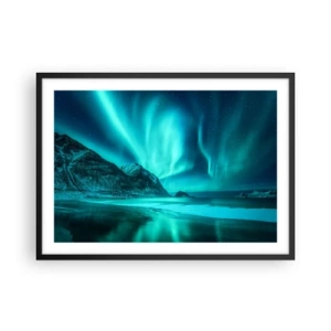 Póster en marco negro - Aurora boreal sobre un paisaje invernal montañoso - 70x50cm - Maravillas del norte - Decoración de pared moderna para salón y dormitorio ARTTOR