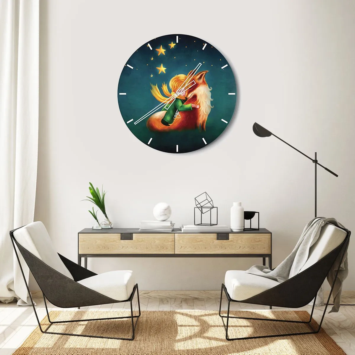 Reloj de pared - Reloj de vidrio - El Principito abrazando a un zorro bajo un cielo estrellado - 30x30cm - El Principito - Decoración de pared moderna para salón, cocina y dormitorio ARTTOR