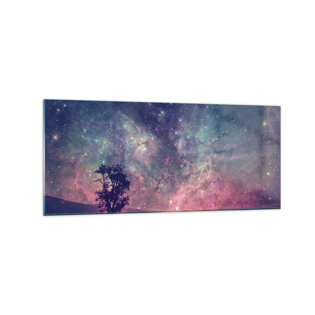 Cuadro sobre vidrio - Impresiones sobre Vidrio - Un árbol contra un cielo estrellado en colores púrpura y azul. - 120x50cm - Bajo un cielo mágico - Decoración de pared moderna para salón y dormitorio ARTTOR