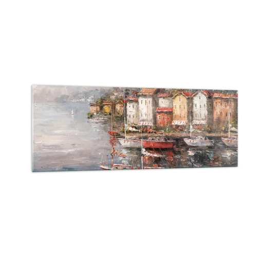 Cuadro sobre vidrio - Impresiones sobre Vidrio - Paisaje costero con barcos y casas de colores. - 140x50cm - Un refugio romántico - Decoración de pared moderna para salón y dormitorio ARTTOR