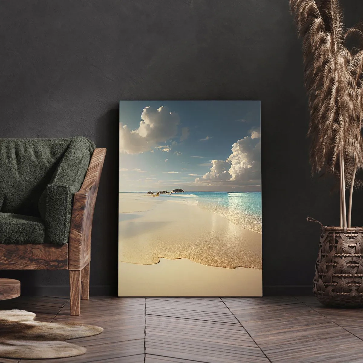 Cuadro sobre lienzo - Impresión de Imagen - Una playa soleada con mar azul y rocas. - 80x120cm - Un día de ensueño - Decoración de pared moderna para salón y dormitorio ARTTOR