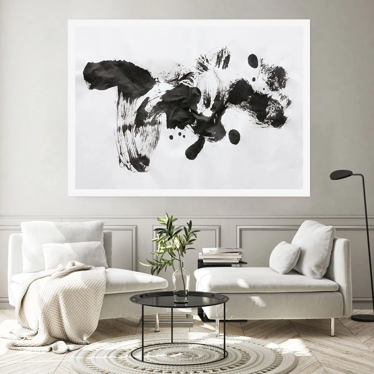 Póster - Composición abstracta de manchas negras sobre fondo blanco. - 100x70cm - ¿Un método en la locura? - Decoración de pared moderna para salón y dormitorio ARTTOR