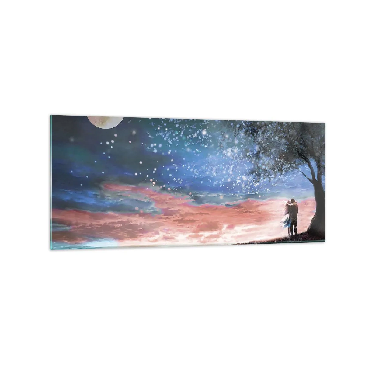 Cuadro sobre vidrio - Impresiones sobre Vidrio - Escena romántica de pareja bajo la luna llena - 120x50cm - Un espectáculo estelar - Decoración de pared moderna para salón y dormitorio ARTTOR