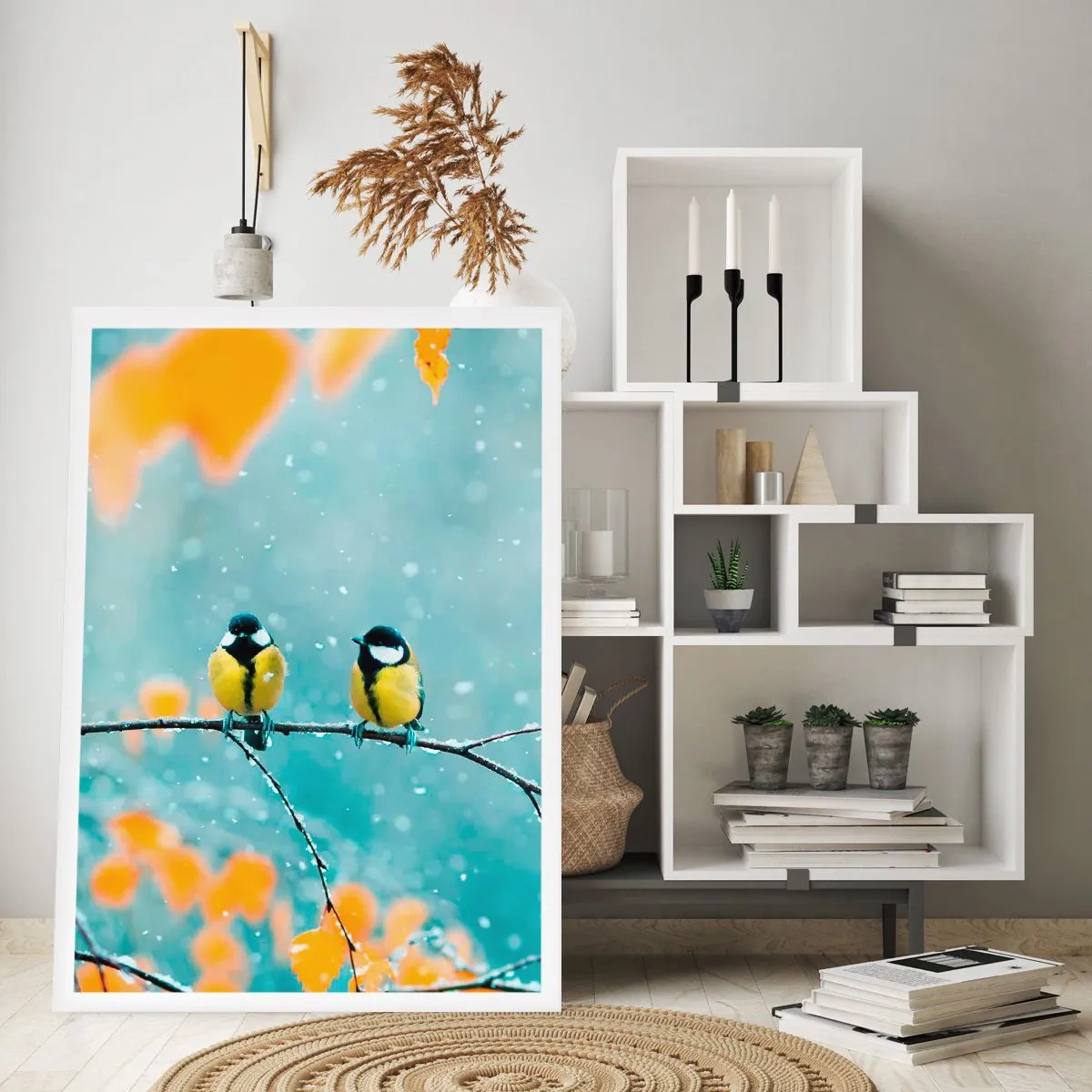 Póster - Dos tetas sentadas en una rama en un paisaje invernal - 50x70cm - Cotilleo de pájaros - Decoración de pared moderna para salón y dormitorio ARTTOR