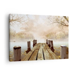 Cuadro sobre lienzo - Impresión de Imagen - Un muelle de madera que conduce a un lago tranquilo en la niebla de la mañana. - 70x50cm - La leve tristeza del otoño - Decoración de pared moderna para salón y dormitorio ARTTOR