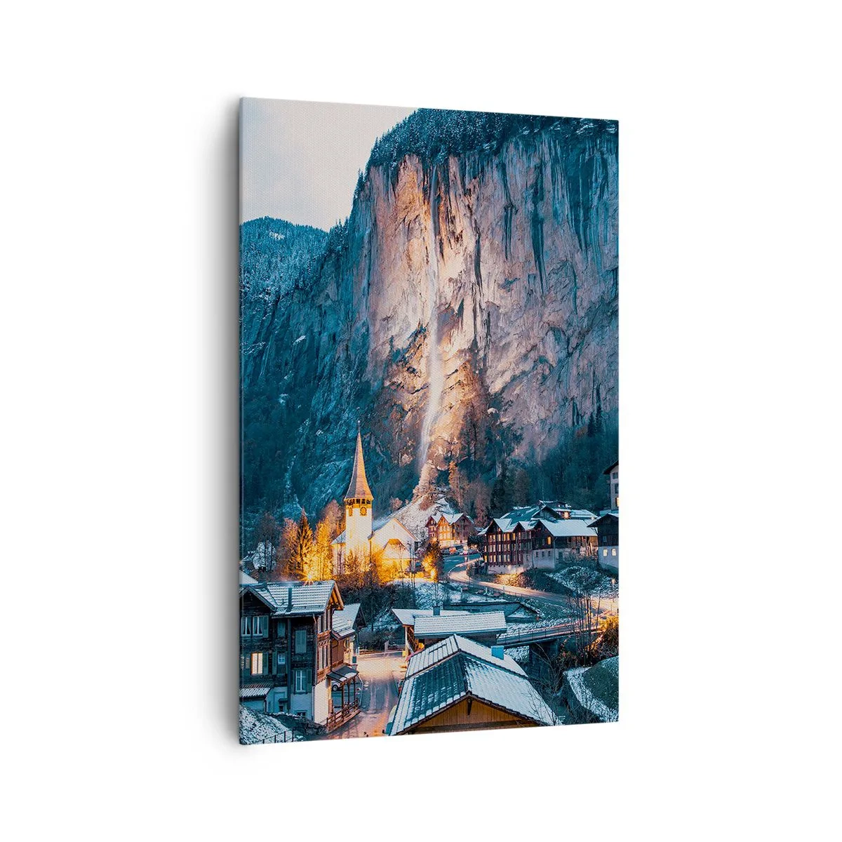 Cuadro sobre lienzo - Impresión de Imagen - Un pintoresco pueblo invernal rodeado de montañas. - 80x120cm - El espíritu luminoso del invierno - Decoración de pared moderna para salón y dormitorio ARTTOR