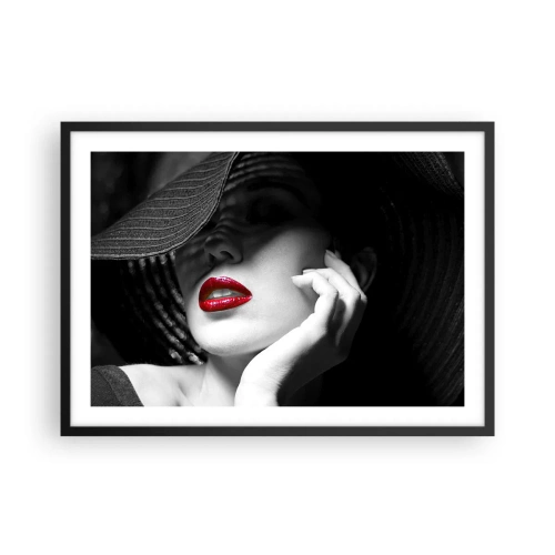 Póster en marco negro - Retrato en blanco y negro de una mujer con labios rojos. - 70x50cm - Estudio en escarlata - Decoración de pared moderna para salón y dormitorio ARTTOR
