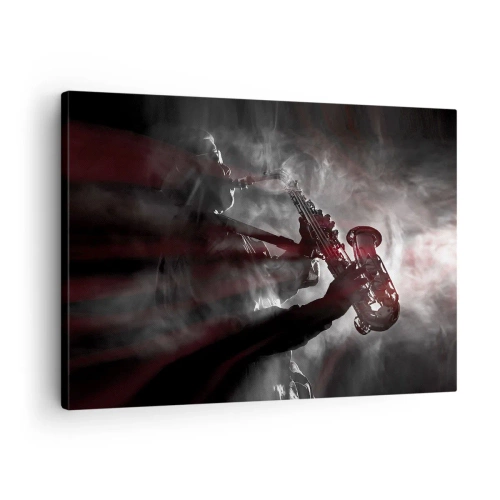 Cuadro sobre lienzo - Impresión de Imagen - Saxofonista en humo en el escenario en negro y rojo atmosférico - 70x50cm - En el vapor del jazz - Decoración de pared moderna para salón y dormitorio ARTTOR