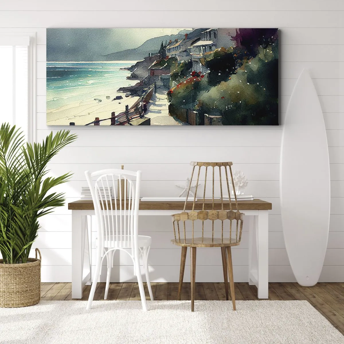 Cuadro sobre lienzo - Impresión de Imagen - Paseo marítimo con casas y vegetación - 140x50cm - Ciudad mediterránea - Decoración de pared moderna para salón y dormitorio ARTTOR