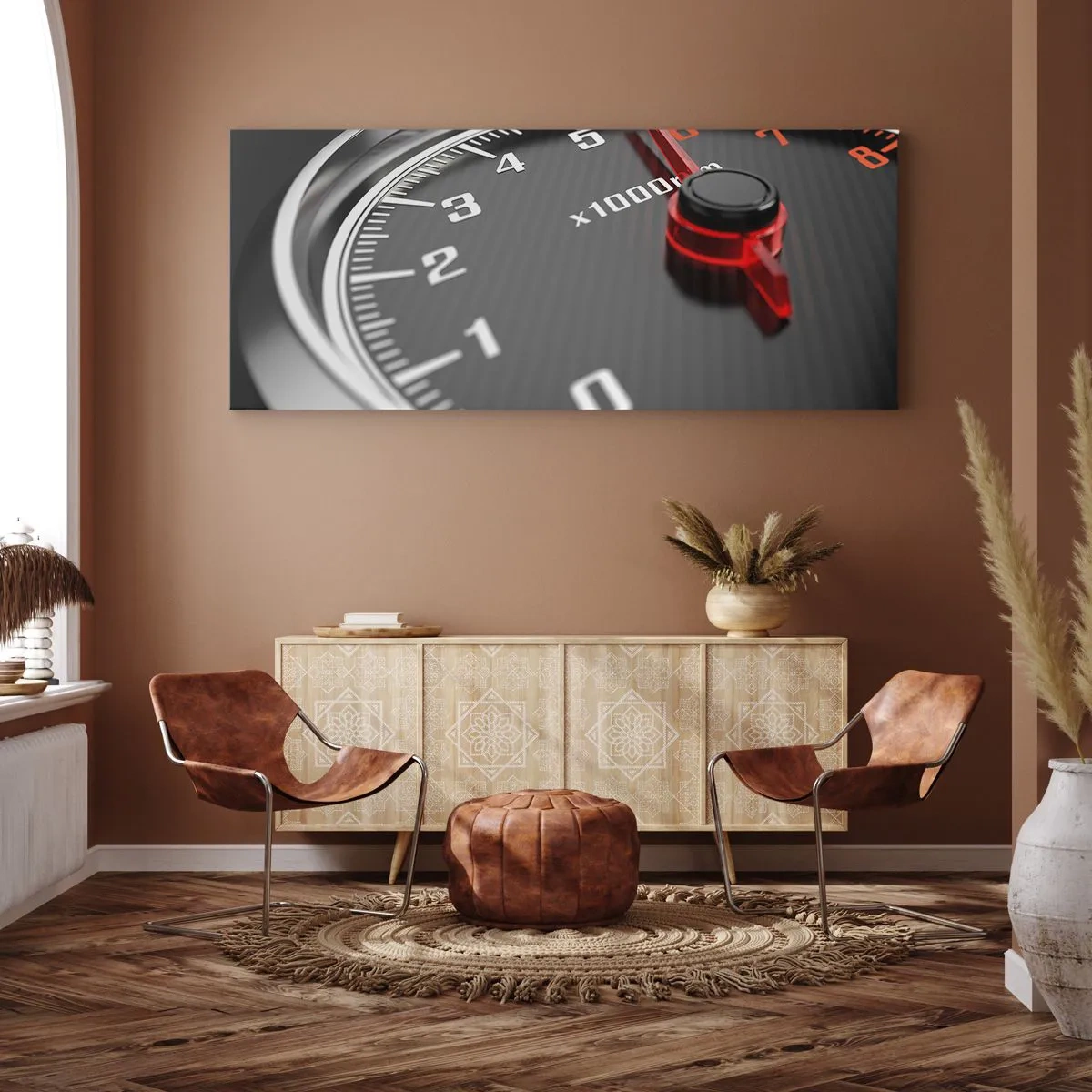 Cuadro sobre lienzo - Impresión de Imagen - Primer plano del tacómetro con la aguja roja - 140x50cm - Pisa a fondo - Decoración de pared moderna para salón y dormitorio ARTTOR