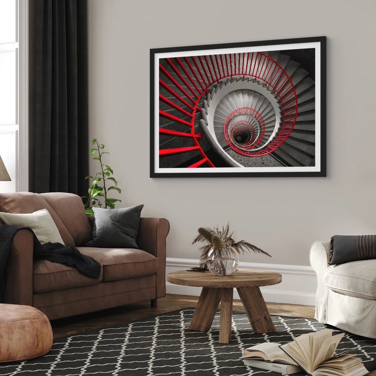 Póster en marco negro - Escalera de caracol con pasamanos rojos en perspectiva dinámica. - 70x50cm - Juegos arquitectónicos - Decoración de pared moderna para salón y dormitorio ARTTOR