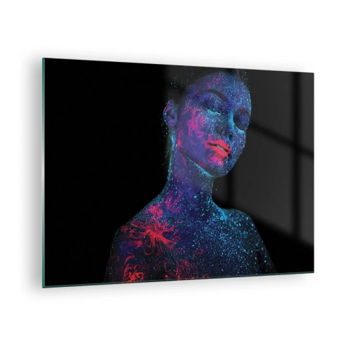 Cuadro sobre vidrio - Impresiones sobre Vidrio - Retrato de una mujer con pintura corporal fluorescente - 70x50cm - En polvo de estrellas - Decoración de pared moderna para salón y dormitorio ARTTOR