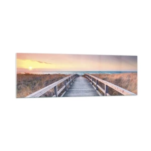 Cuadro sobre vidrio - Impresiones sobre Vidrio - Un embarcadero de madera que conduce a la playa al atardecer con el cielo pintado en colores pastel. - 160x50cm - Aurora vespertina del Báltico - Decoración de pared moderna para salón y dormitorio ARTTOR