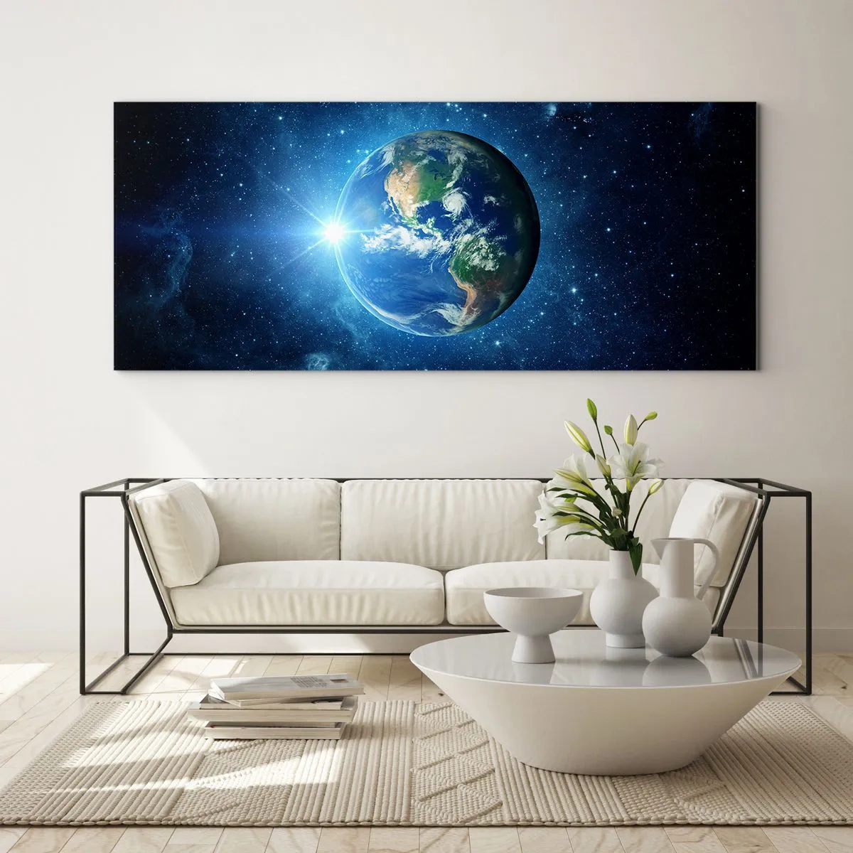 Cuadro sobre vidrio - Impresiones sobre Vidrio - La Tierra en el espacio rodeada de estrellas y luz. - 160x50cm - Estamos en el cielo - Decoración de pared moderna para salón y dormitorio ARTTOR