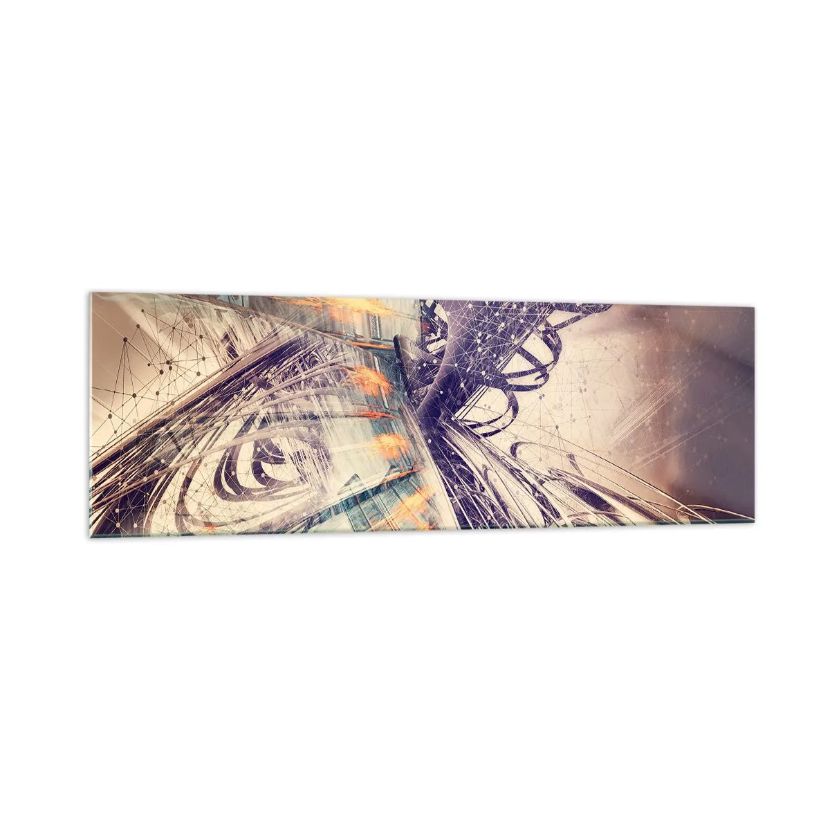 Cuadro sobre vidrio - Impresiones sobre Vidrio - Abstracción dinámica en tonos beige y morado. - 160x50cm - Con mucha prisa - Decoración de pared moderna para salón y dormitorio ARTTOR