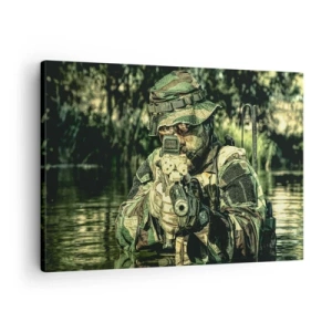 Cuadro sobre lienzo - Impresión de Imagen - Un soldado camuflado apunta a través del agua. - 70x50cm - El mejor de entre la élite - Decoración de pared moderna para salón y dormitorio ARTTOR