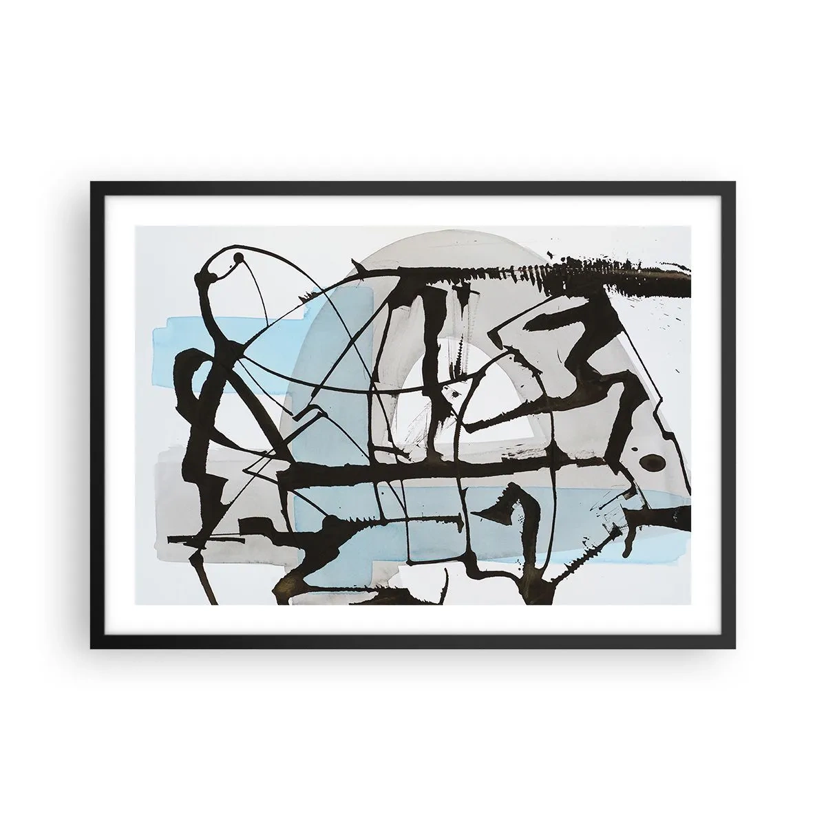 Póster en marco negro - Líneas y formas abstractas en azul y negro. - 70x50cm - Azul a pesar de todo - Decoración de pared moderna para salón y dormitorio ARTTOR