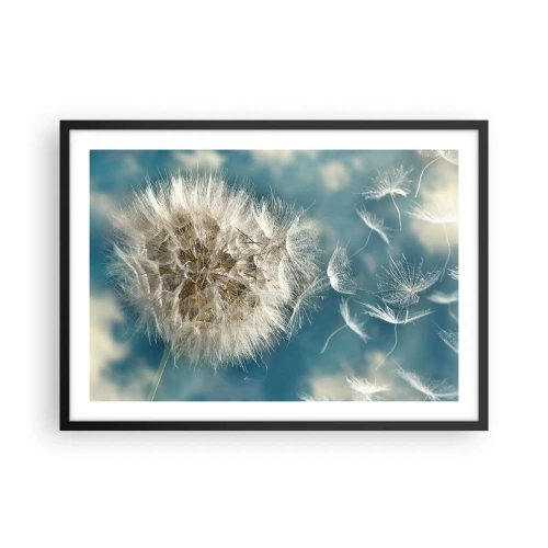 Póster en marco negro - Un diente de león desperdigado contra un cielo azul. - 70x50cm - El aliento de un ángel - Decoración de pared moderna para salón y dormitorio ARTTOR