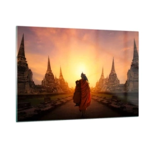 Cuadro sobre vidrio - Impresiones sobre Vidrio - Un monje con el sol poniente como telón de fondo y templos en Asia. - 120x80cm - En paz por la eternidad - Decoración de pared moderna para salón y dormitorio ARTTOR