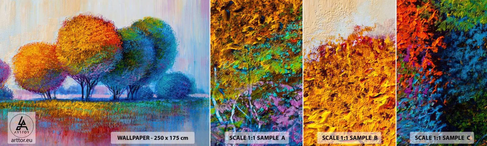 Muestra de fotomural autoadhesivo Deluxe Sticker - Un conjunto de colores llamativos - Abstracción, Paisaje, Árboles - 100x30 cm