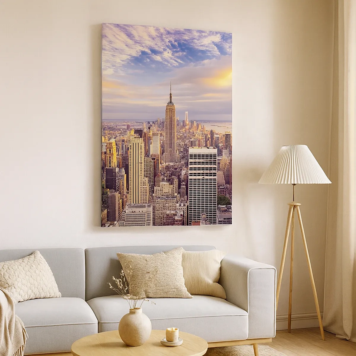 Cuadro sobre lienzo - Impresión de Imagen - Panorama de una ciudad moderna con rascacielos al atardecer - 50x70cm - Alcanzar las nubes - Decoración de pared moderna para salón y dormitorio ARTTOR