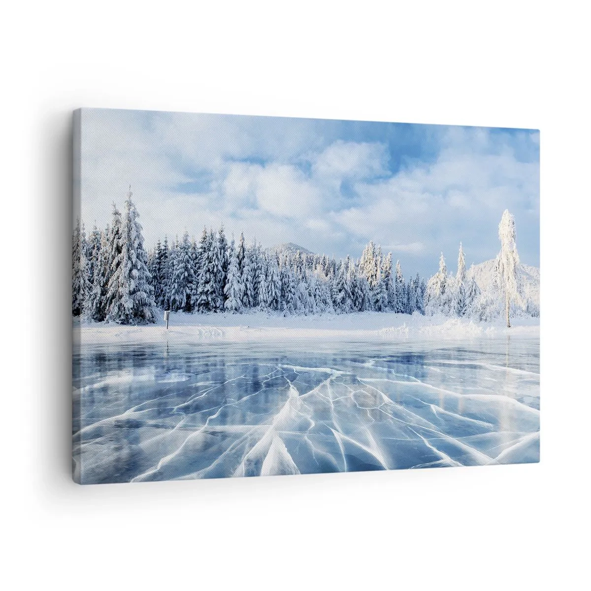 Cuadro sobre lienzo - Impresión de Imagen - Un lago congelado rodeado de un bosque cubierto de nieve. - 70x50cm - Vista deslumbrante y cristalina - Decoración de pared moderna para salón y dormitorio ARTTOR