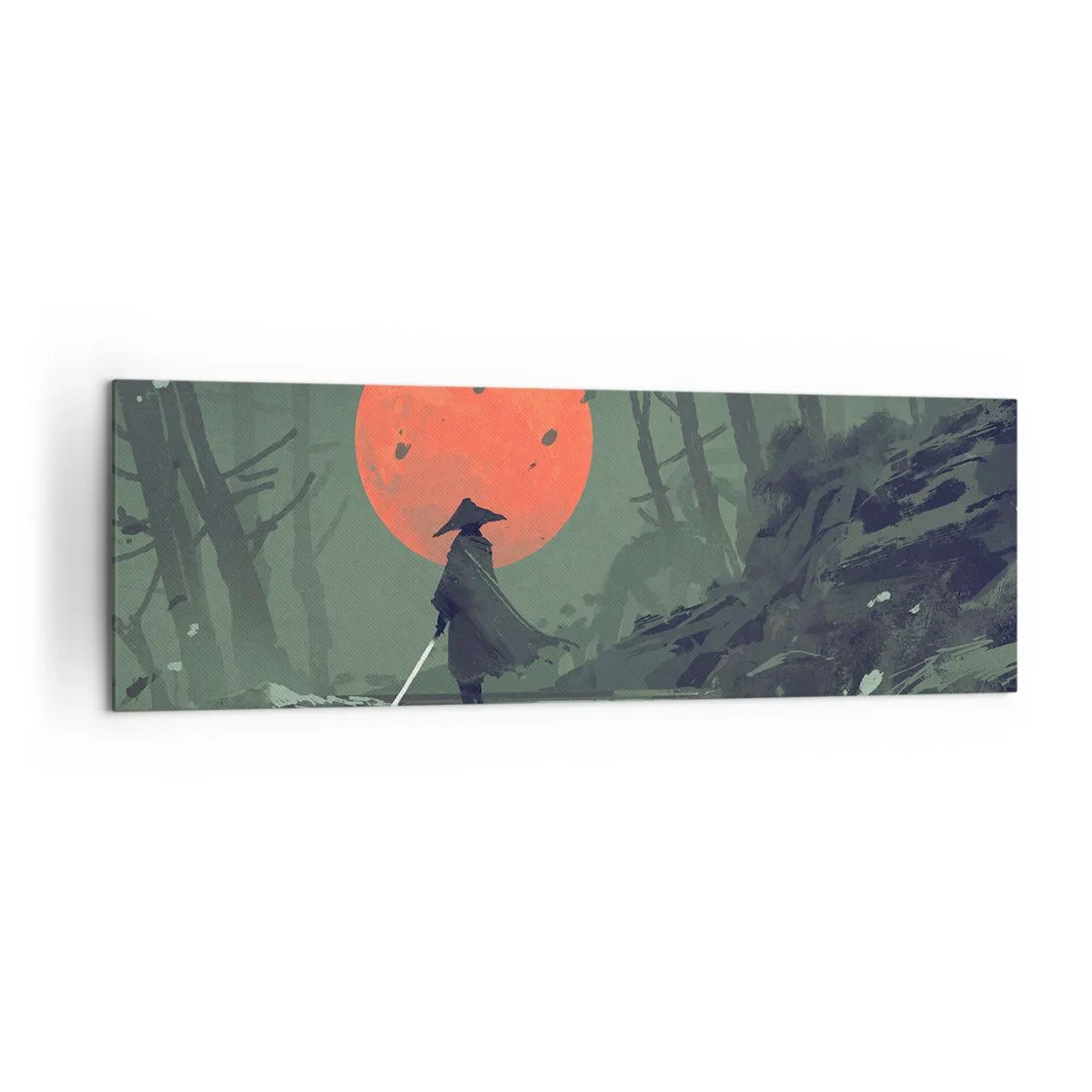 Cuadro sobre lienzo - Impresión de Imagen - Un guerrero solitario con una espada contra el fondo de una luna roja en un bosque oscuro. - 160x50cm - Guerrero de la luna roja - Decoración de pared moderna para salón y dormitorio ARTTOR