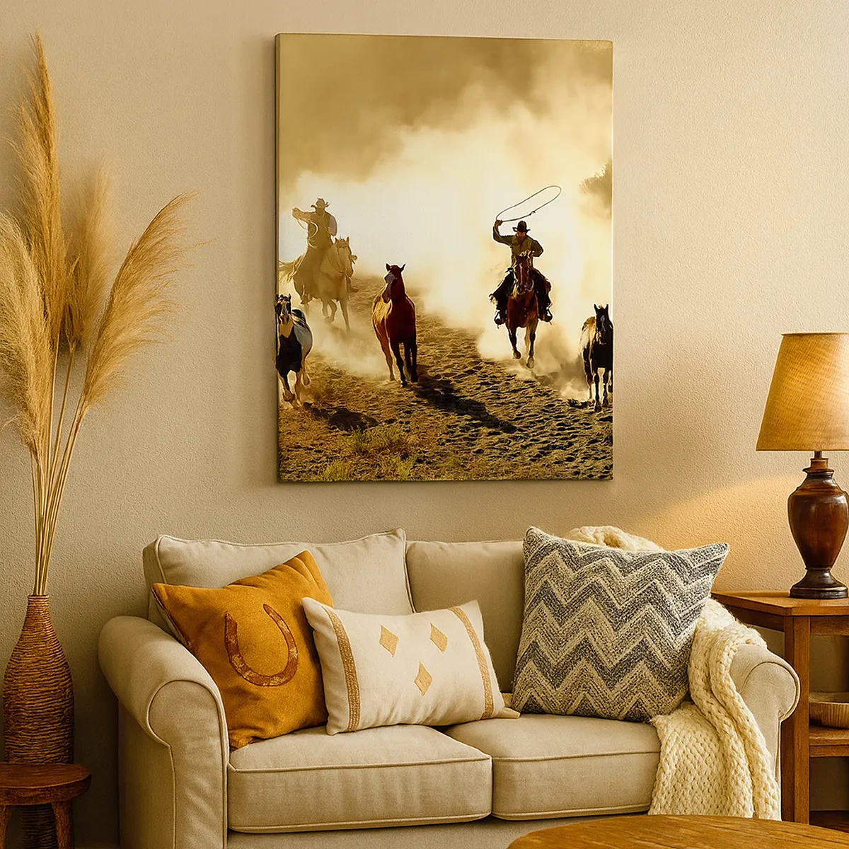 Cuadro sobre lienzo - Impresión de Imagen - Vaqueros a caballo en acción en el terreno desértico. - 50x70cm - El salvaje oeste - Decoración de pared moderna para salón y dormitorio ARTTOR