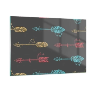 Cuadro sobre vidrio - Impresiones sobre Vidrio - Flechas de colores sobre un fondo oscuro en un diseño gráfico - 120x80cm - Flechas - Decoración de pared moderna para salón y dormitorio ARTTOR