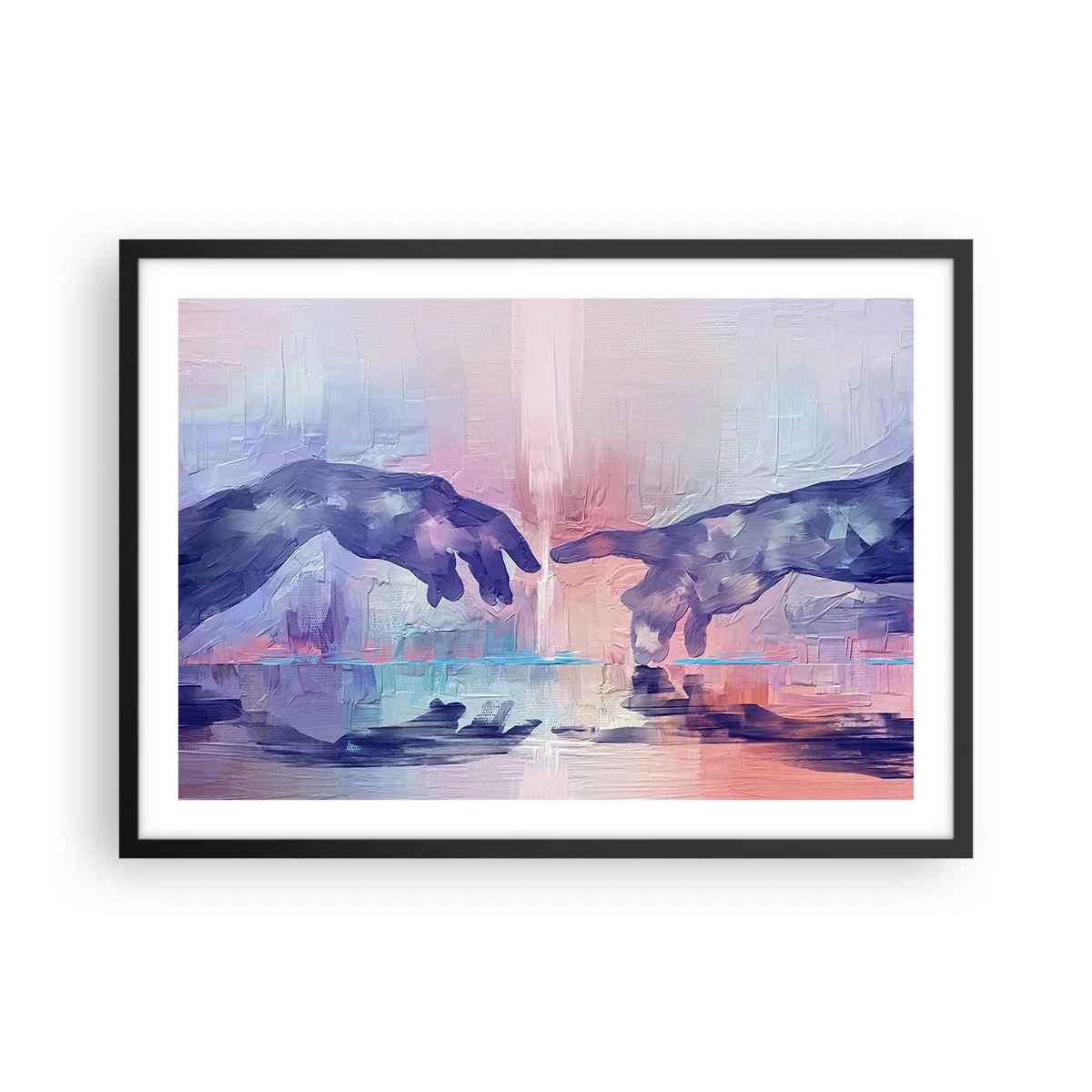 Póster en marco negro - Manos simbólicas en colores abstractos, haciendo referencia al tema de la creación. - 70x50cm - Chispa divina de vida - Decoración de pared moderna para salón y dormitorio ARTTOR