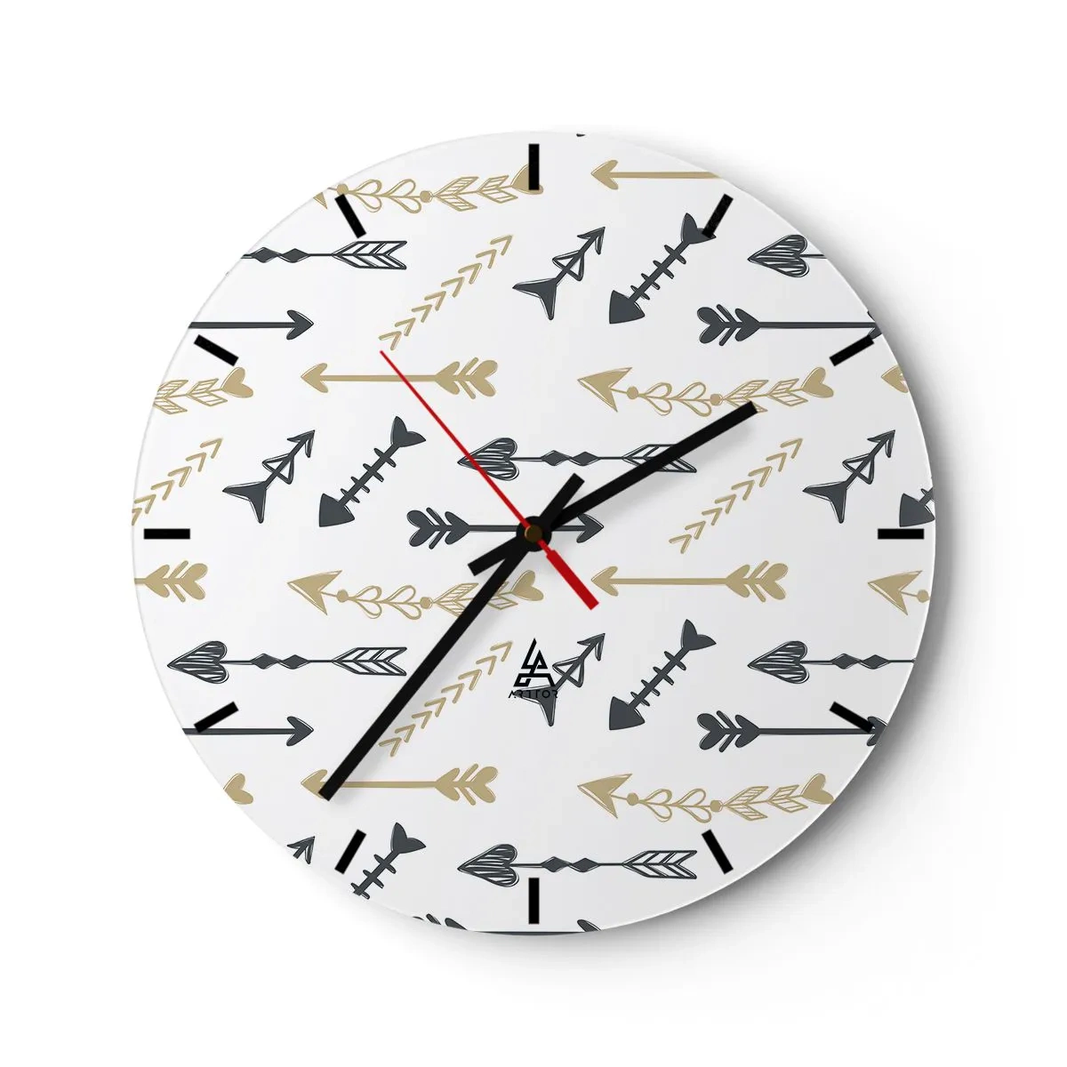 Reloj de pared - Reloj de vidrio - Patrón decorativo con varias flechas sobre un fondo blanco. - 30x30cm - El sueño de un arquero - Decoración de pared moderna para salón, cocina y dormitorio ARTTOR