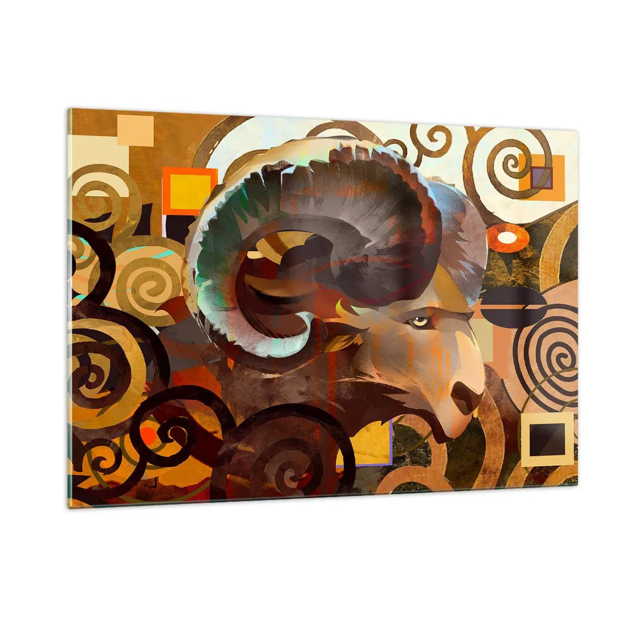 Cuadro sobre vidrio - Impresiones sobre Vidrio - Una imagen artística de un carnero en una composición geométrica y espiral. - 120x80cm - Magia - religiones - rituales - Decoración de pared moderna para salón y dormitorio ARTTOR