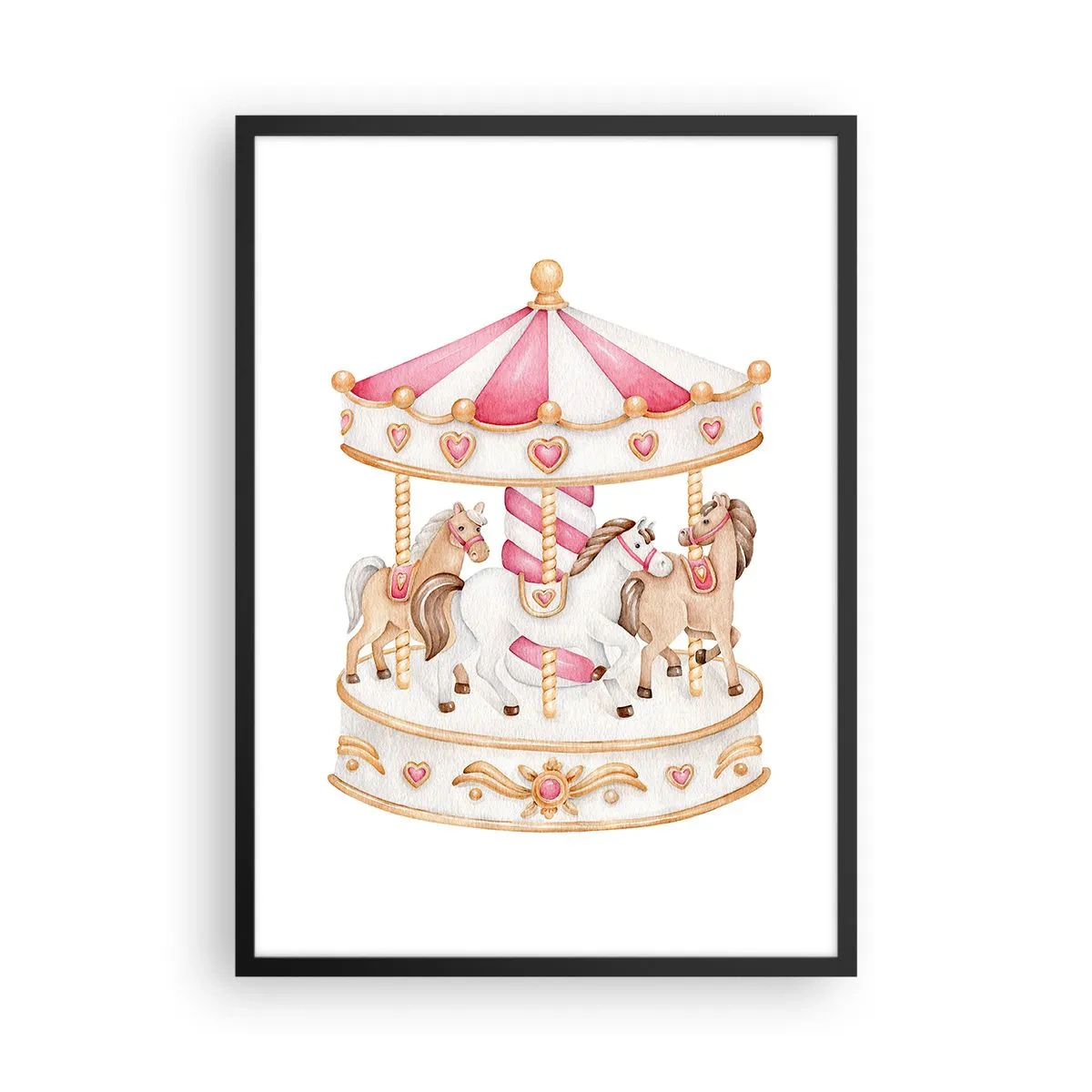 Póster en marco negro - Carrusel de acuarela en tonos pastel de rosa. - 50x70cm - El dulce mundo de la infancia - Decoración de pared moderna para salón y dormitorio ARTTOR