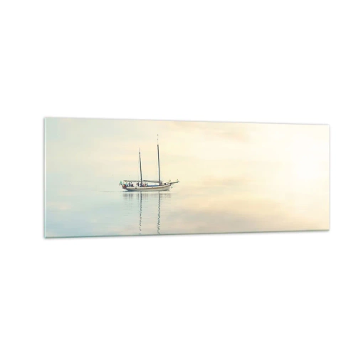 Cuadro sobre vidrio - Impresiones sobre Vidrio - Un barco en un mar en calma bajo una luz suave. - 140x50cm - En un mar de silencio - Decoración de pared moderna para salón y dormitorio ARTTOR
