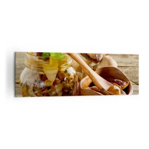 Cuadro sobre lienzo - Impresión de Imagen - Setas naturales en un tarro sobre una mesa rústica - 160x50cm - Ya sea fresco, o salado, o de temporada de otoño.... - Decoración de pared moderna para salón y dormitorio ARTTOR