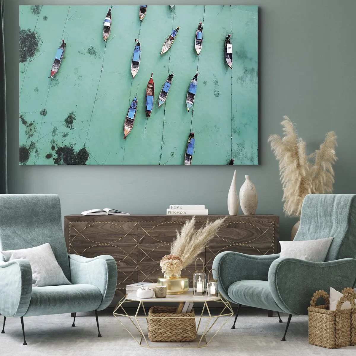 Cuadro sobre lienzo - Impresión de Imagen - Una vista aérea de barcos en aguas turquesas. - 70x50cm - En alegre espera - Decoración de pared moderna para salón y dormitorio ARTTOR