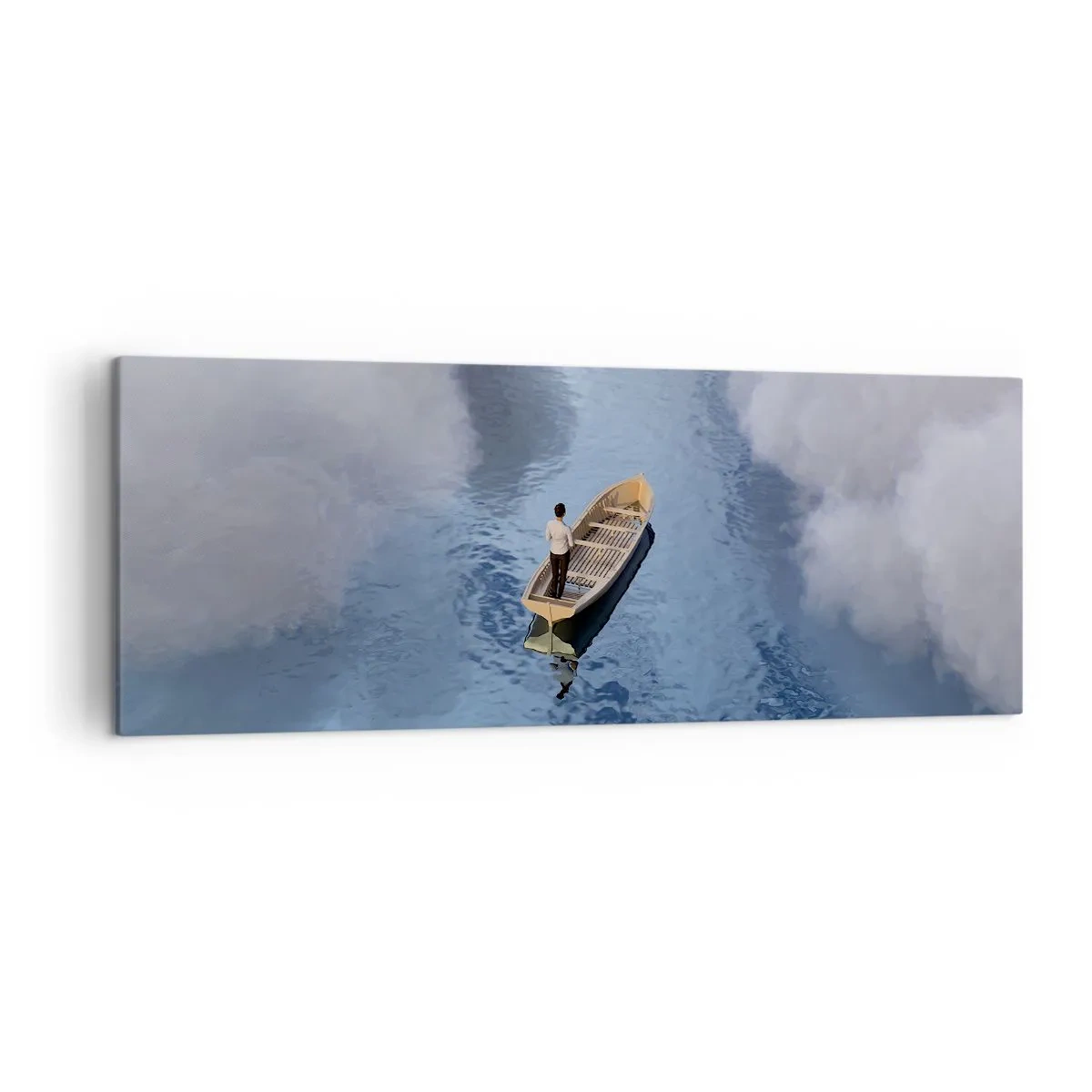 Cuadro sobre lienzo - Impresión de Imagen - Un hombre en un barco en un mar tranquilo rodeado de nubes. - 140x50cm - La vida - el viaje - lo desconocido - Decoración de pared moderna para salón y dormitorio ARTTOR