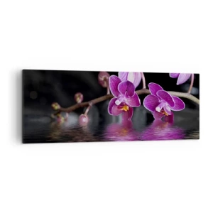 Cuadro sobre lienzo - Impresión de Imagen - Orquídeas moradas sobre aguas tranquilas contra un fondo negro. - 140x50cm - Un reflejo lila de la belleza - Decoración de pared moderna para salón y dormitorio ARTTOR