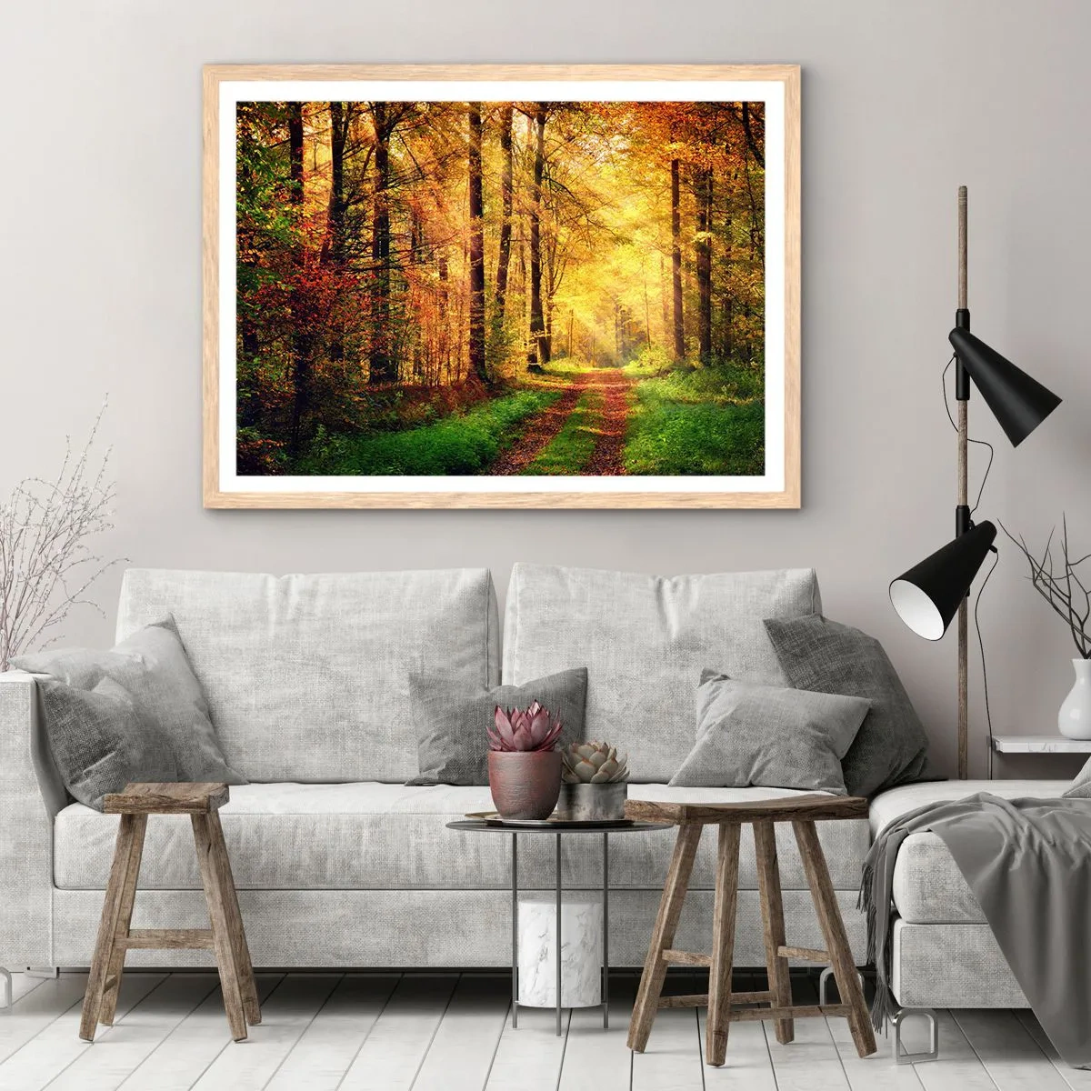 Póster en marco roble claro - Silencio dorado del bosque - 50x40 cm